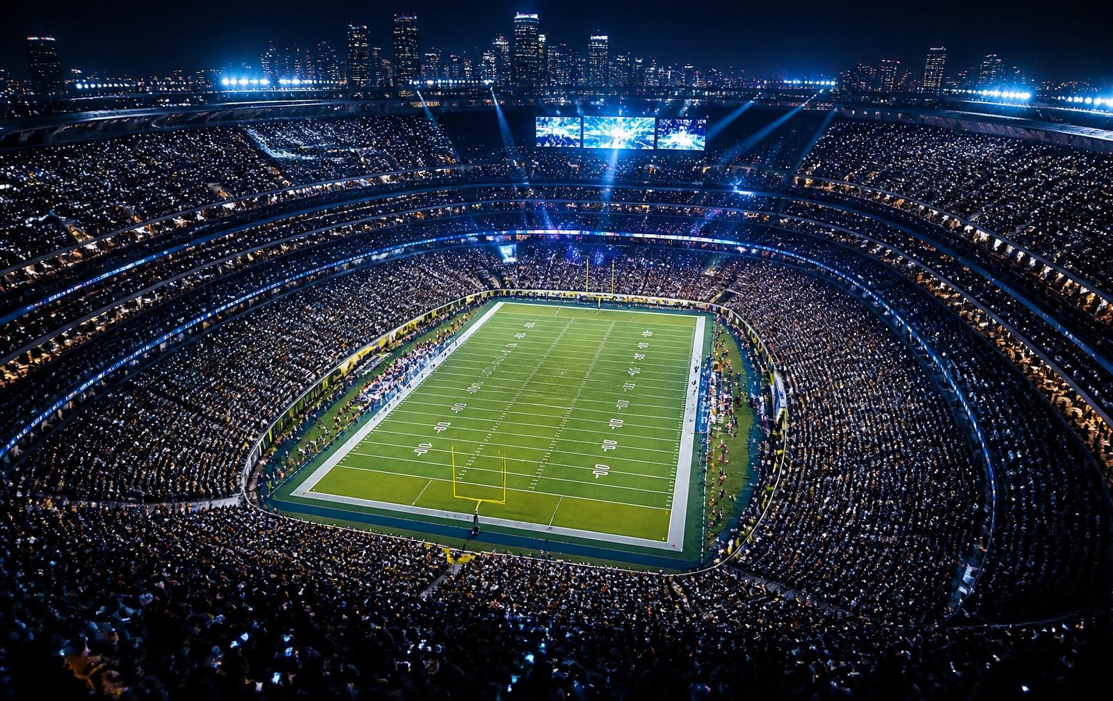 Packed stadium at night filled with fans and phone screen glow